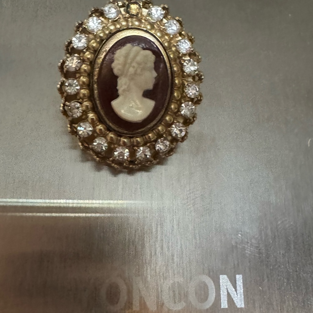 Coro Gold and Brown Cameo Brooch with Crystal Accents